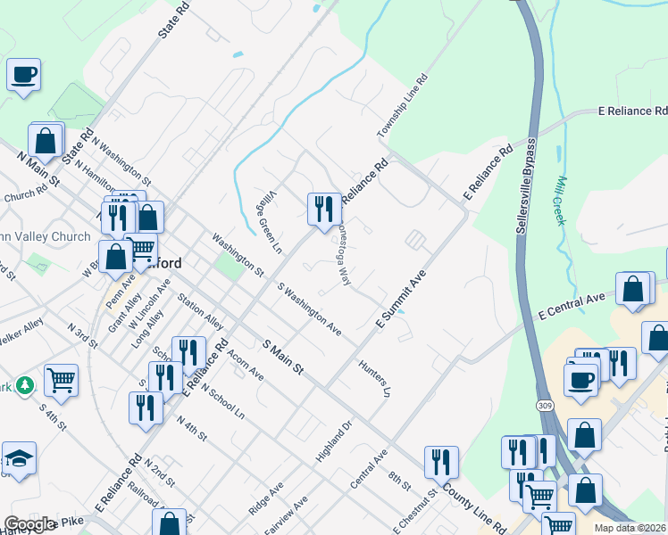 map of restaurants, bars, coffee shops, grocery stores, and more near 211 Washington Place in Telford