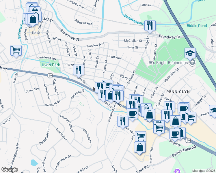 map of restaurants, bars, coffee shops, grocery stores, and more near 9489 Lincoln Highway in Irwin