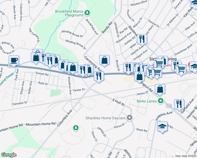 map of restaurants, bars, coffee shops, grocery stores, and more near 3938 Penn Avenue in Sinking Spring