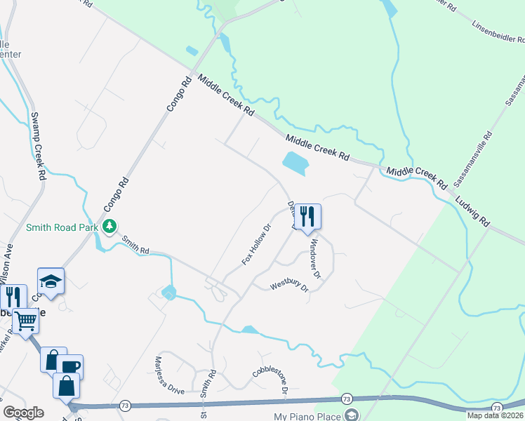 map of restaurants, bars, coffee shops, grocery stores, and more near 65 Huntsville Drive in Gilbertsville
