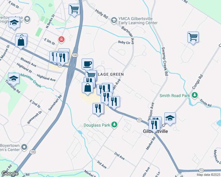 map of restaurants, bars, coffee shops, grocery stores, and more near 45 Bartman Avenue in Gilbertsville
