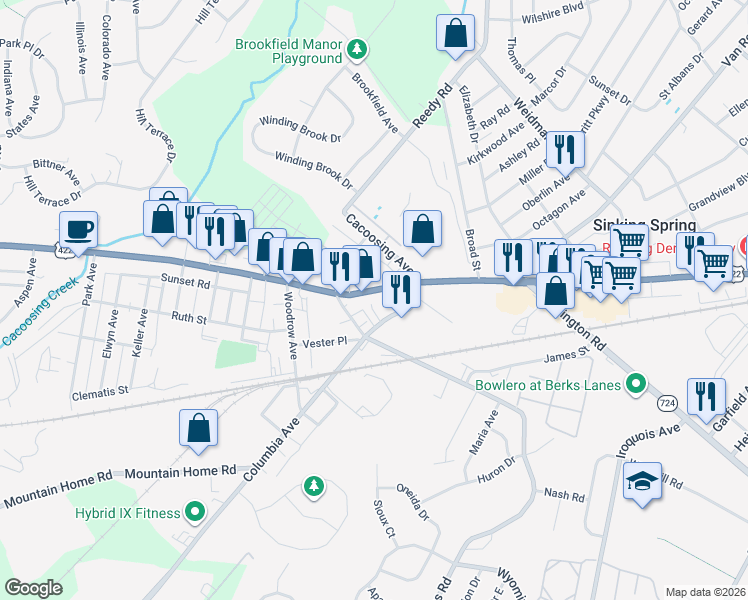 map of restaurants, bars, coffee shops, grocery stores, and more near 575 Columbia Avenue in Sinking Spring