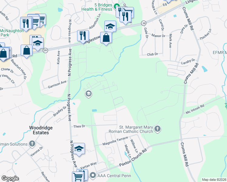 map of restaurants, bars, coffee shops, grocery stores, and more near 2510 Oakwood Lane in Harrisburg