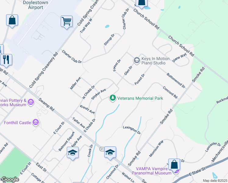 map of restaurants, bars, coffee shops, grocery stores, and more near 739 South Chubb Drive in Doylestown