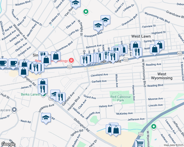 map of restaurants, bars, coffee shops, grocery stores, and more near 2656 Cleveland Avenue in West Lawn