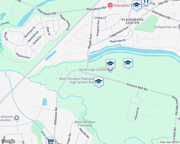 map of restaurants, bars, coffee shops, grocery stores, and more near 107 Grovers Mill Road in Plainsboro Township