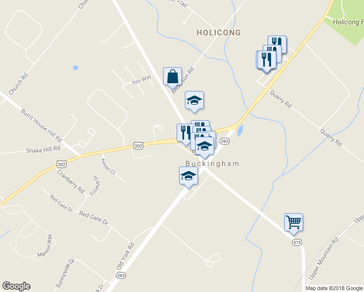map of restaurants, bars, coffee shops, grocery stores, and more near 2557 Bogarts Tavern Road in Doylestown
