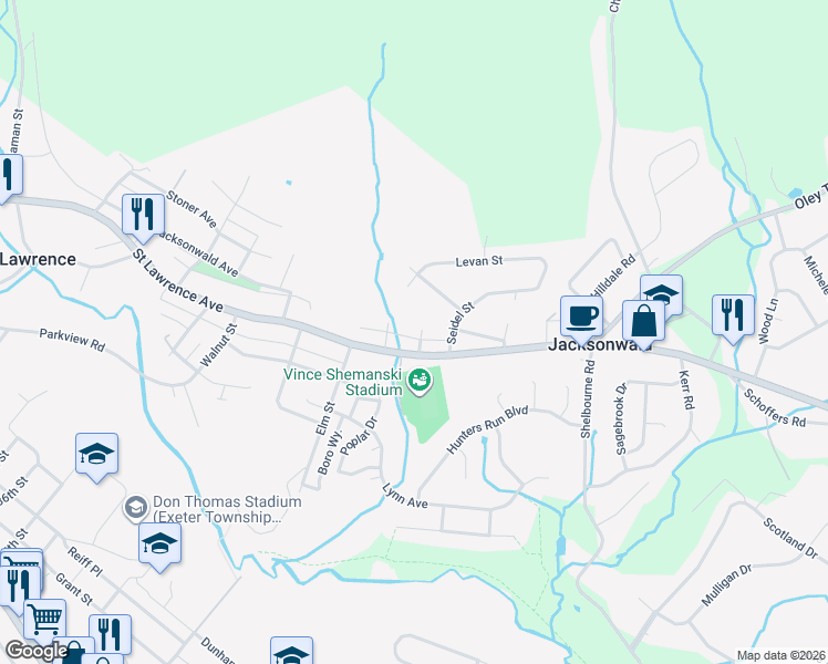 map of restaurants, bars, coffee shops, grocery stores, and more near 4001 Saint Lawrence Avenue in Reading