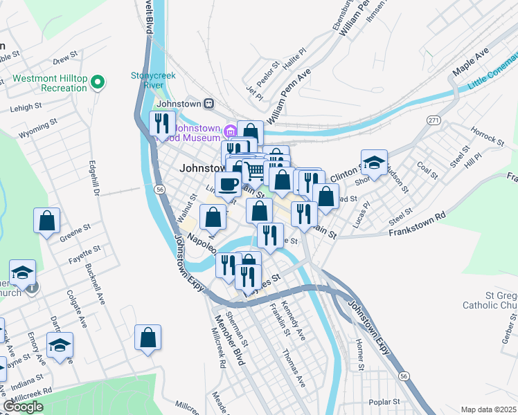 map of restaurants, bars, coffee shops, grocery stores, and more near 231 Gazebo Park in Johnstown