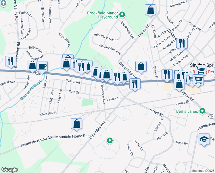 map of restaurants, bars, coffee shops, grocery stores, and more near 35 Woodrow Avenue in Sinking Spring