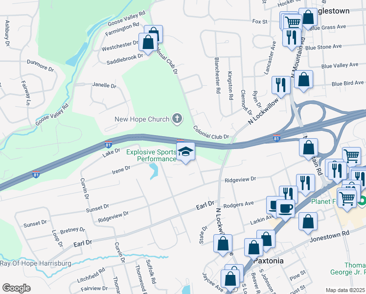 map of restaurants, bars, coffee shops, grocery stores, and more near 5330 Gibbel Road in Harrisburg
