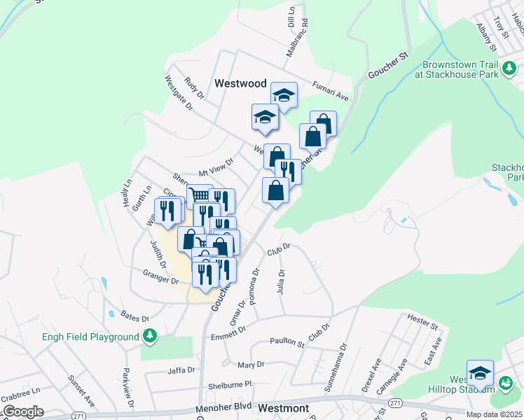 map of restaurants, bars, coffee shops, grocery stores, and more near Goucher Street in Johnstown