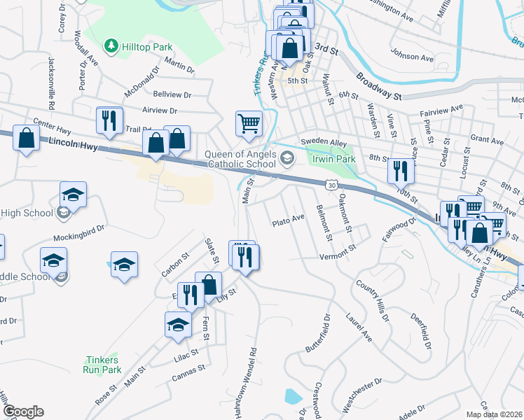 map of restaurants, bars, coffee shops, grocery stores, and more near 169 Front Street in Irwin