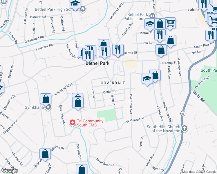 map of restaurants, bars, coffee shops, grocery stores, and more near 2868 Cedar Street in Bethel Park