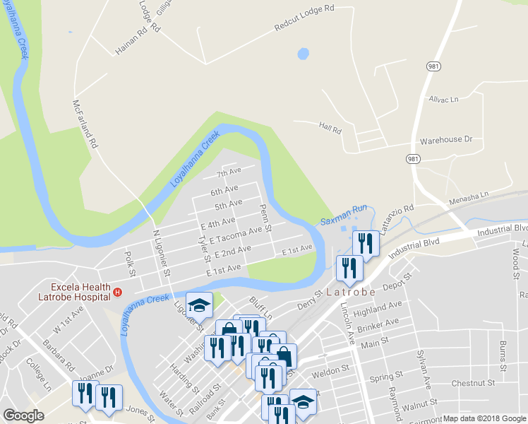 map of restaurants, bars, coffee shops, grocery stores, and more near 399 East 4th Avenue in Latrobe