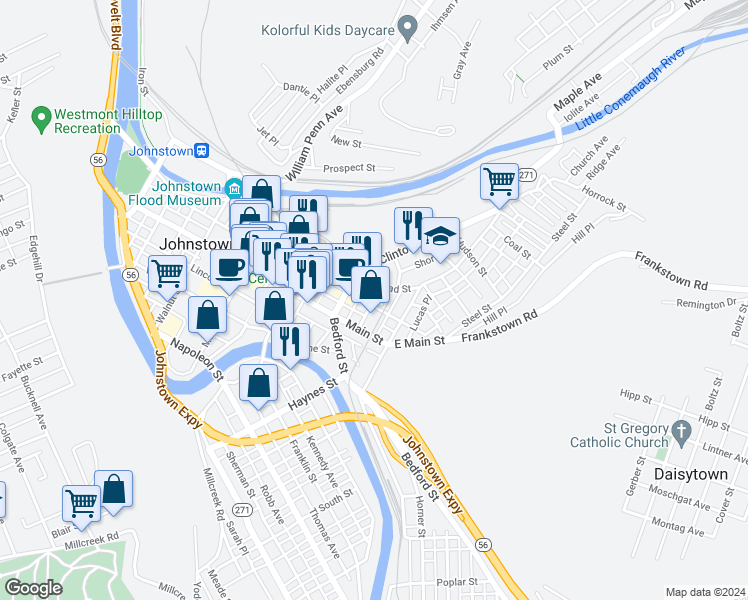 map of restaurants, bars, coffee shops, grocery stores, and more near 98 Jackson Street in Johnstown