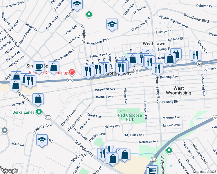 map of restaurants, bars, coffee shops, grocery stores, and more near 2563 Cleveland Avenue in West Lawn