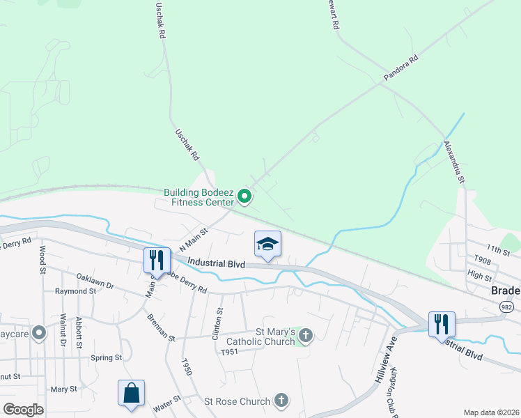 map of restaurants, bars, coffee shops, grocery stores, and more near 156 State Route 1043 in Bradenville