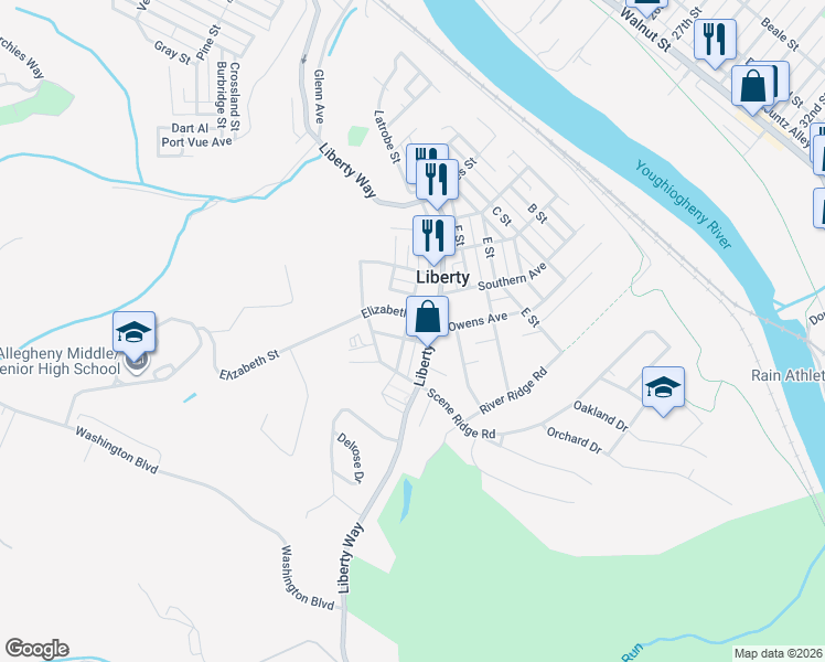 map of restaurants, bars, coffee shops, grocery stores, and more near 3100 Liberty Way in McKeesport
