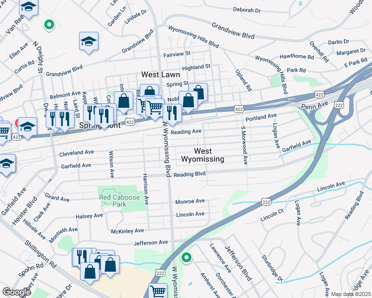 map of restaurants, bars, coffee shops, grocery stores, and more near 2242 Cleveland Avenue in Reading