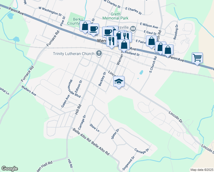 map of restaurants, bars, coffee shops, grocery stores, and more near 38 Hain Avenue in Wernersville
