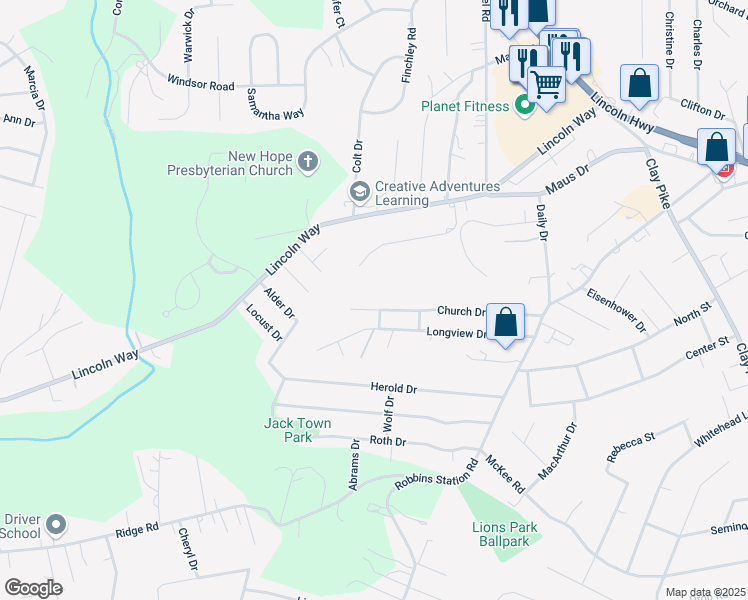 map of restaurants, bars, coffee shops, grocery stores, and more near 12420 Church Drive in Irwin