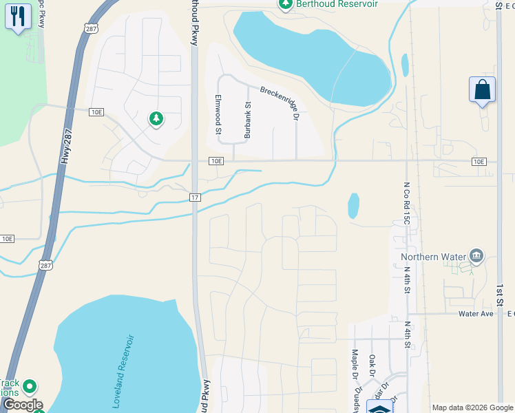 map of restaurants, bars, coffee shops, grocery stores, and more near 1924 Berthoud Parkway in Berthoud