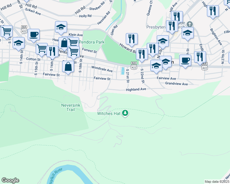 map of restaurants, bars, coffee shops, grocery stores, and more near 2028 Highland Avenue in Reading