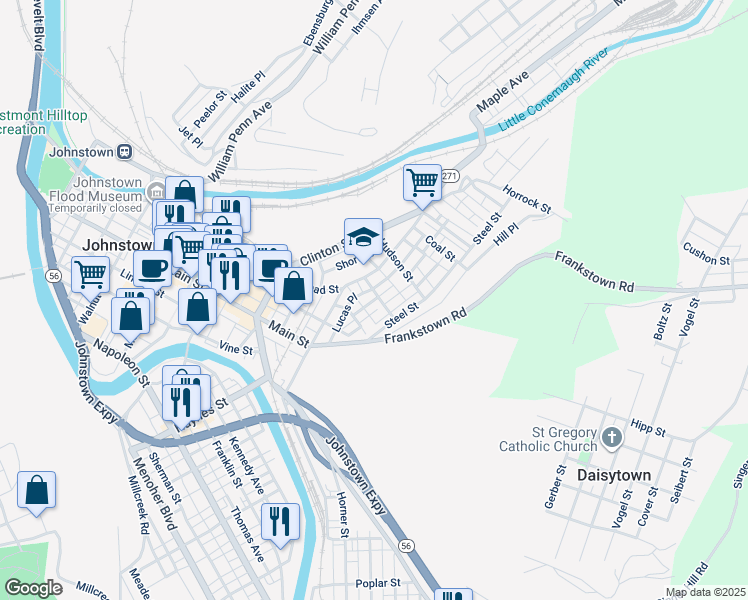 map of restaurants, bars, coffee shops, grocery stores, and more near Duke Place in Johnstown