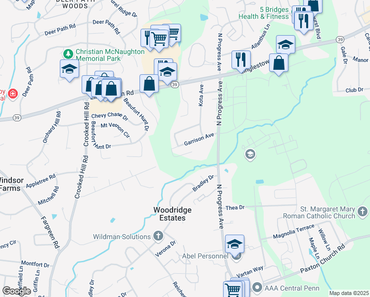 map of restaurants, bars, coffee shops, grocery stores, and more near 2413 Garrison Avenue in Harrisburg