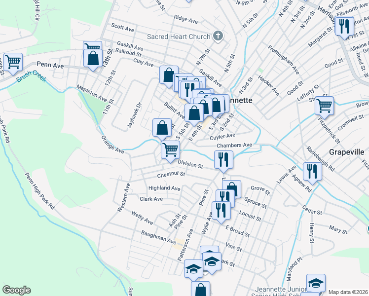 map of restaurants, bars, coffee shops, grocery stores, and more near 500 South 4th Street in Jeannette