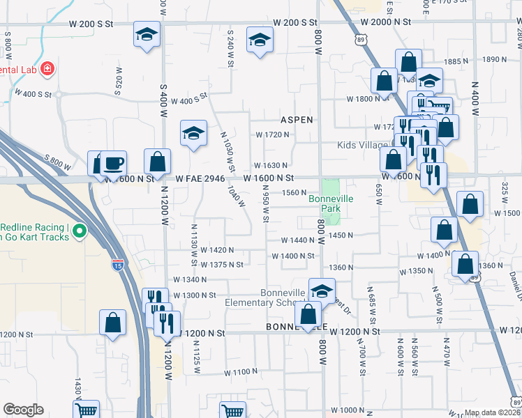 map of restaurants, bars, coffee shops, grocery stores, and more near 1535 North 950 West in Orem