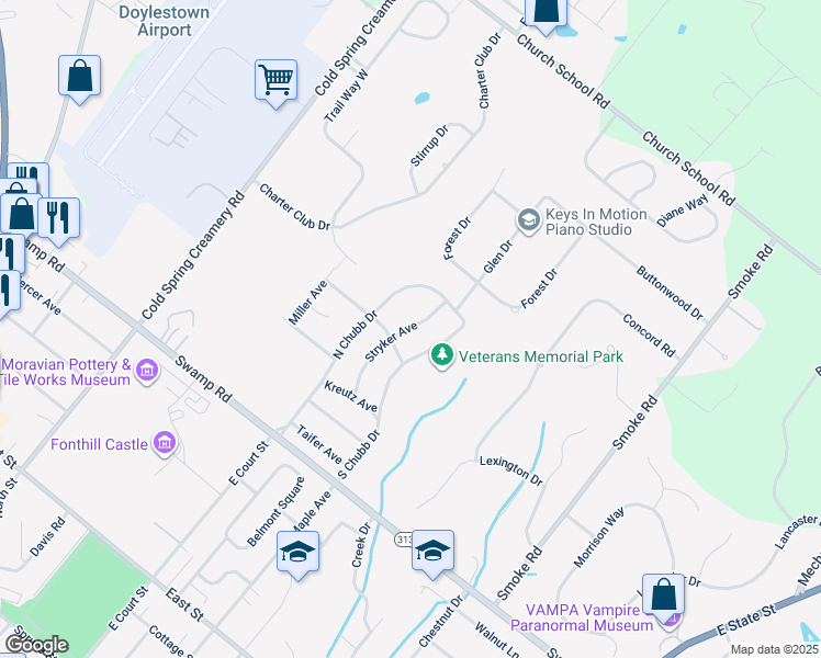 map of restaurants, bars, coffee shops, grocery stores, and more near 722 Stryker Avenue in Doylestown