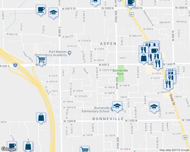 map of restaurants, bars, coffee shops, grocery stores, and more near 1535 North 950 West Street in Orem