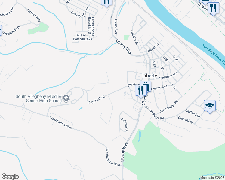 map of restaurants, bars, coffee shops, grocery stores, and more near 930 Elizabeth Street in McKeesport