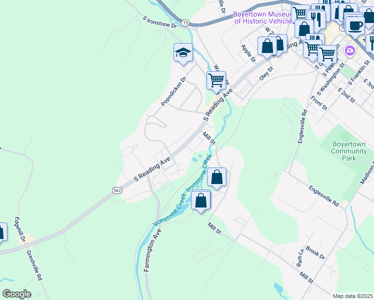 map of restaurants, bars, coffee shops, grocery stores, and more near 644 South Reading Avenue in Boyertown