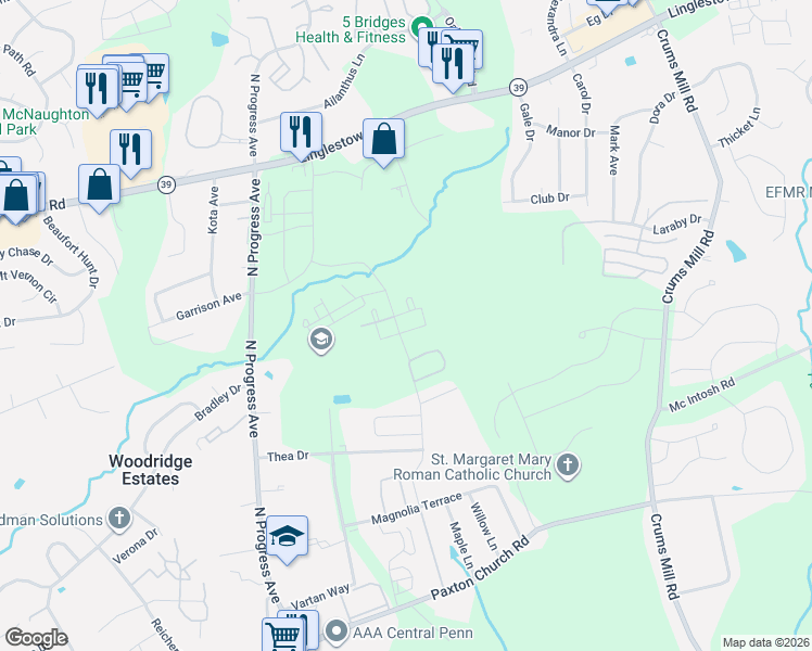 map of restaurants, bars, coffee shops, grocery stores, and more near 2510 Oakwood Lane in Harrisburg