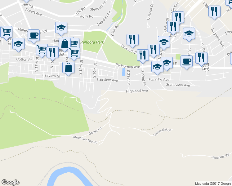 map of restaurants, bars, coffee shops, grocery stores, and more near 2028 Highland Avenue in Reading