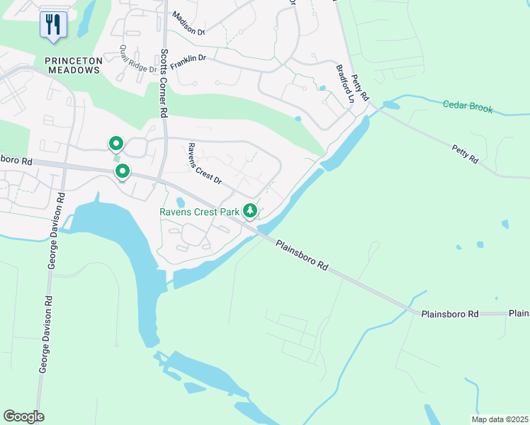 map of restaurants, bars, coffee shops, grocery stores, and more near 412 Ravens Crest Drive in Princeton Meadows