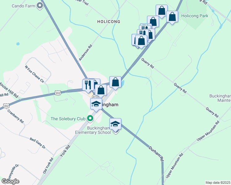 map of restaurants, bars, coffee shops, grocery stores, and more near 4765 York Road in Buckingham