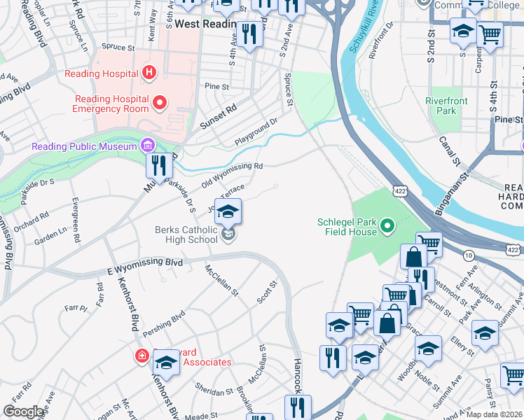 map of restaurants, bars, coffee shops, grocery stores, and more near in West Reading