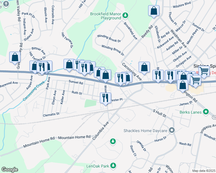 map of restaurants, bars, coffee shops, grocery stores, and more near 35 Woodrow Avenue in Sinking Spring