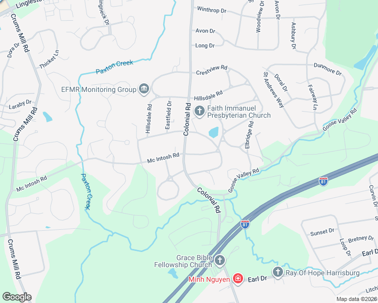 map of restaurants, bars, coffee shops, grocery stores, and more near 4303 Meadow Crest Road in Harrisburg
