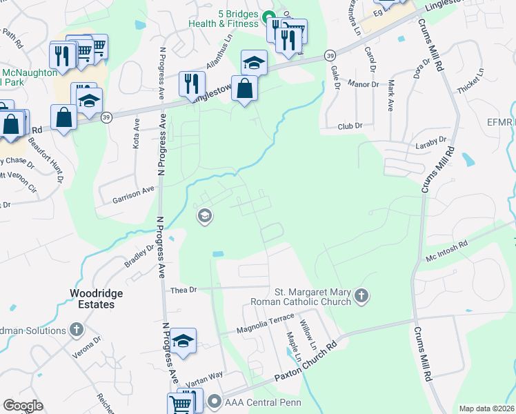 map of restaurants, bars, coffee shops, grocery stores, and more near 2510 Oakwood Lane in Harrisburg
