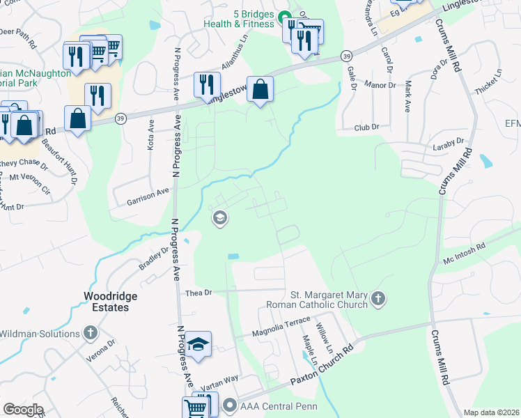 map of restaurants, bars, coffee shops, grocery stores, and more near 3801-3899 Birchwood Circle in Harrisburg