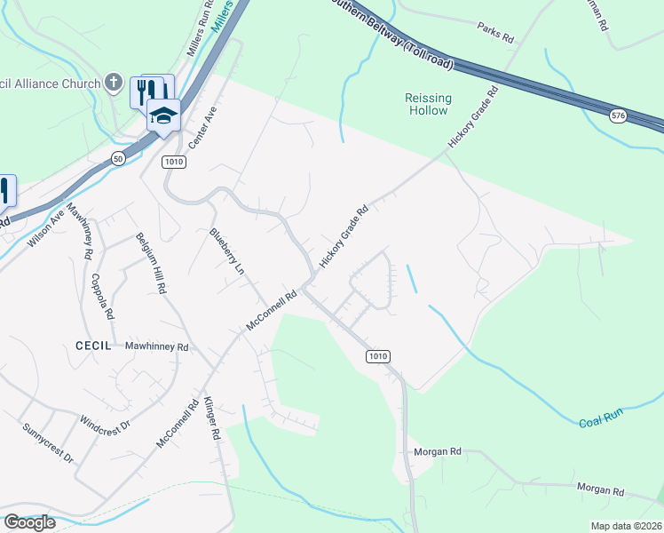 map of restaurants, bars, coffee shops, grocery stores, and more near 2 Hickory Grade Road in Cecil-Bishop