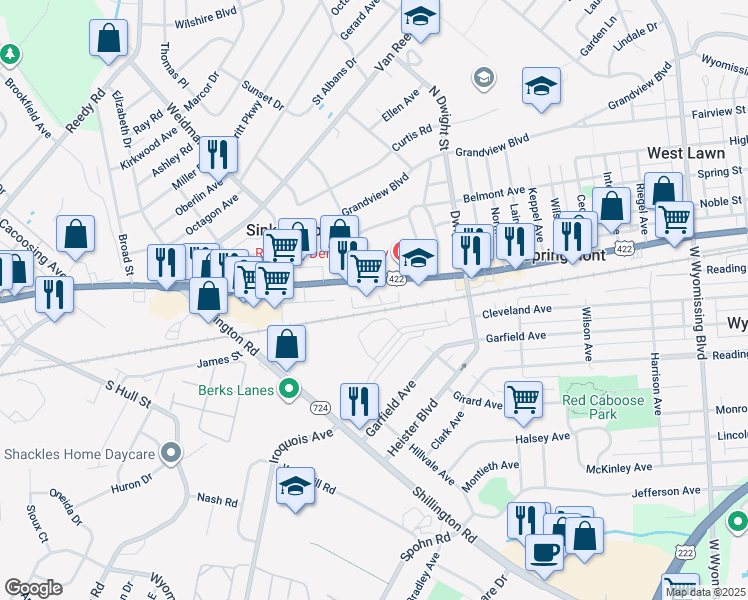 map of restaurants, bars, coffee shops, grocery stores, and more near 3024 Penn Ave in West Lawn