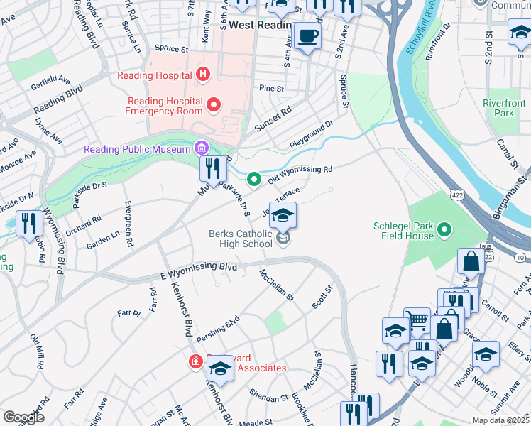map of restaurants, bars, coffee shops, grocery stores, and more near 926 Joan Terrace in Reading
