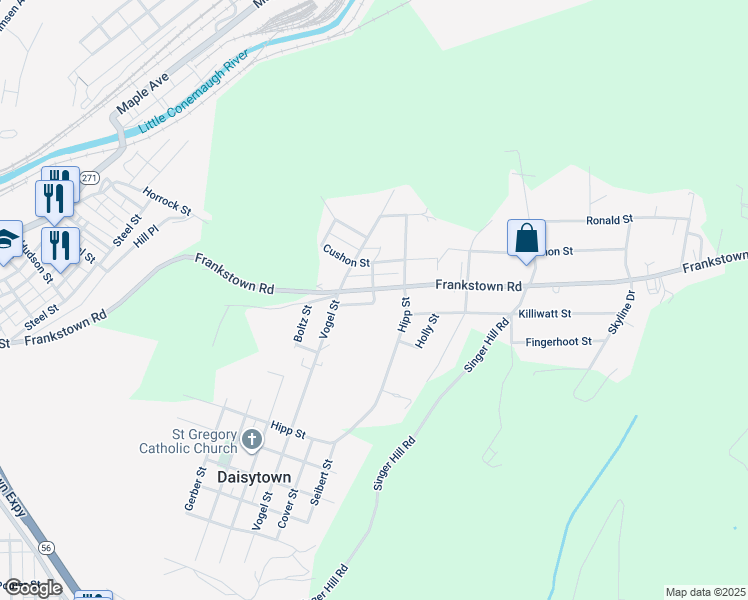 map of restaurants, bars, coffee shops, grocery stores, and more near 117 Malachite Dr in Johnstown