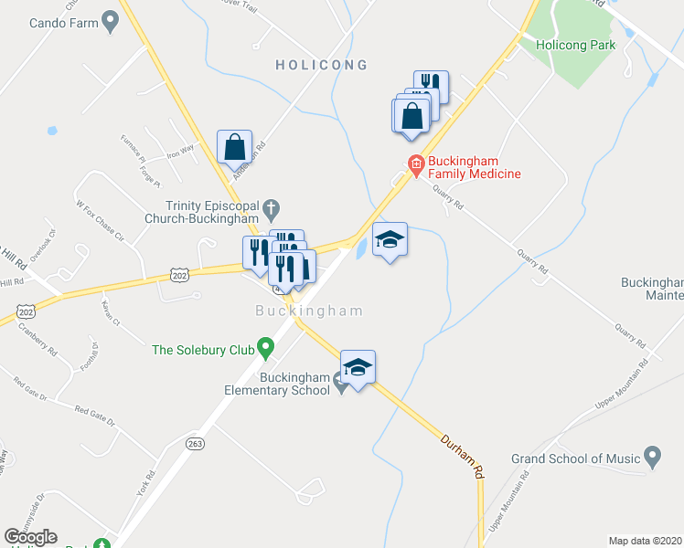 map of restaurants, bars, coffee shops, grocery stores, and more near 4765 York Road in Buckingham